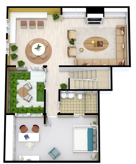 A spacious in-law suite with beige furniture and lots of greenery to give the space an earthy feel. In Law Suite Addition Plans, Addition Floor Plans, Mother In Law Suite Addition, Basement In Law Suite, In Law Suite Addition, Suite Layout, Mother In Law Suite, Addition Plans, Apartment Floor