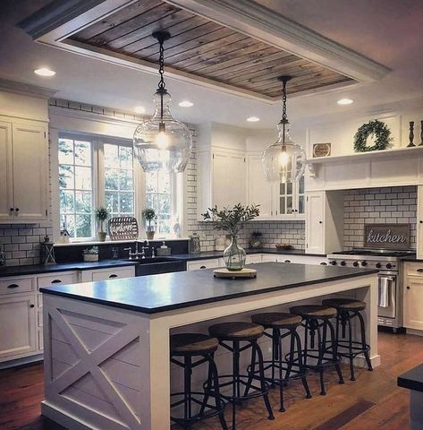 Kitchen Natural Lighting Ideas, Farmhouse Kitchen U Shaped, Extra Large Kitchen Island Rustic, Farmhouse Lights Over Island, Beautiful Kitchens Farmhouse, Bar Island Ideas, Farmstead House, Barndominium Inspiration, Different Kitchen Styles