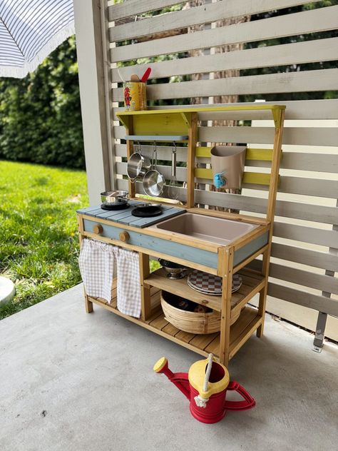 a diy outdoor mud kitchen makeover – almost makes perfect Outdoor Mud Kitchen, Modern Scrapbook, Outdoor Shower Diy, Diy Mud Kitchen, Reading Diy, Artifact Uprising, First Time Mom, Playset Outdoor, Diy Play Kitchen