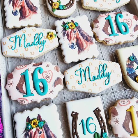 🎉🐴 Sweet Sixteen for Maddy! 🐴🎉 Celebrating Maddy’s 16th in style with these beautifully decorated, equestrian-themed sugar cookies! 🤩✨ Horseshoes, boots, and the cutest horse faces make these treats perfect for any horse lover’s big day! 🎂🍪 Each cookie is hand-decorated and customized just for Maddy’s special milestone. 💕 Ready to add some sweetness to your next event? Message me for custom orders! 🎨🍪 #SweetSixteen #EquestrianCookies #CustomCookies #BirthdayTreats #HorseLover #Ronascookies Mustang Cookies Decorated, Horse Sugar Cookies, Horse Faces, Horse Face, Birthday Treats, Cute Horses, Birthday Cookies, Custom Cookies, Sweet Sixteen