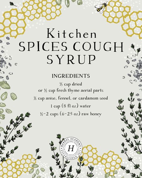 Easy Homemade Kitchen Spices Cough Syrup | Herbal Academy | This Kitchen Spices Cough Syrup recipe can support the resolution of colds, the flu, and other lower and upper respiratory tract infections. Cough Syrup Recipe, Herbal Academy, Kitchen Witch Recipes, Herbal Recipes, Herbal Apothecary, Natural Healing Remedies, Herbal Healing, Herbal Magic, Herbs For Health