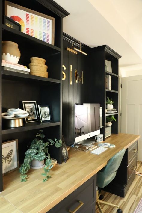 Built In Desk And Shelves, Ikea Home Office, Home Office Built Ins, Ikea Built In, Ikea Office, Suburban Mom, Basement Office, Office Built Ins, Office Paint