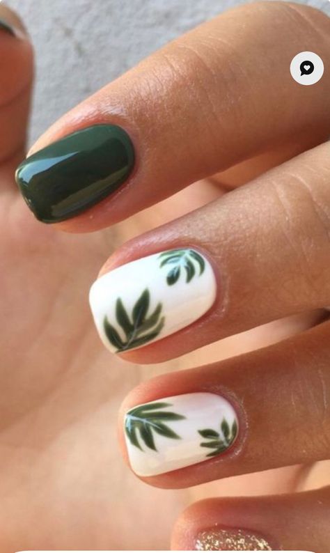 Wild One Nail Design, Nail Art Designs Green And White, Short Nail Designs Plants, Nail Designs Greens, Nature Design Nails, Nails Plants Art Designs, White Nails Green Leaves, Gel Nails Leaves, Simple Plant Nails