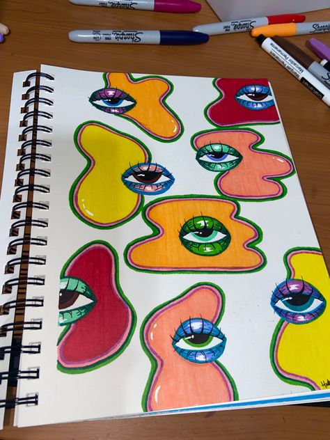 Trippy Doodles Simple, Easy Marker Sketches, Drawing Ideas Easy Trippy, Trippy Character Drawings, Eyeball Drawing Easy, Funky Drawing Ideas Easy, Eyeball Art Trippy, Fun Marker Drawings, Trippy Sharpie Art