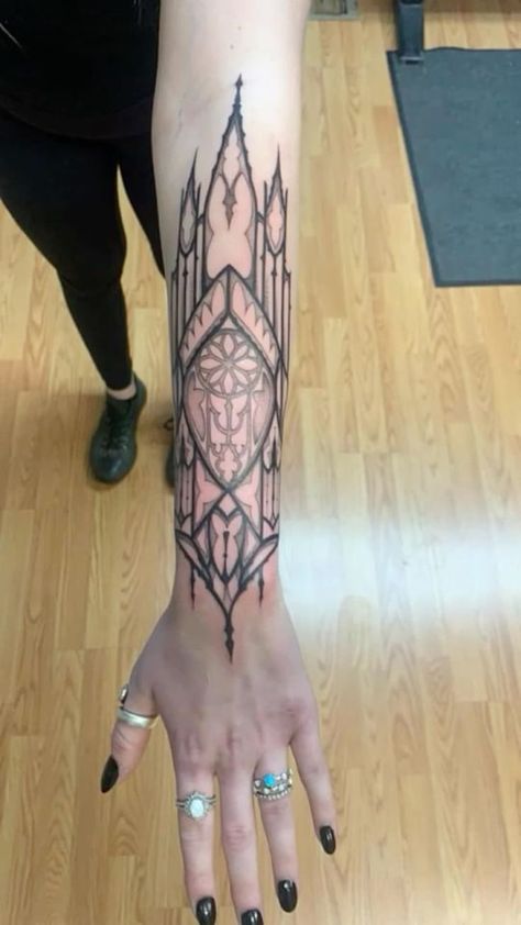 Cathedral Tattoo Design, Top Of Forearm Tattoo, Coffin Tattoo Design, Gothic Cathedral Tattoo, Patient Tattoo, Gothic Fairy Tattoo, Coffin Tattoo, Unique Half Sleeve Tattoos, Stained Glass Tattoo