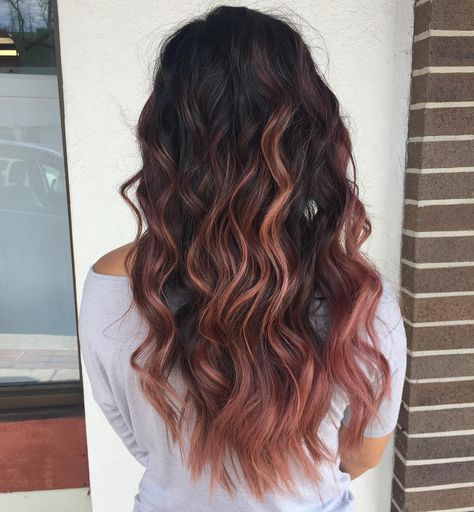 Chocolate Rose Gold Hair, Hair Brunette Highlights, Rose Balayage, Balayage Hair Honey, Balayage Hair Rose, Rose Gold Hair Brunette, Dark Hair Color, Balayage Styles, Hair Motivation