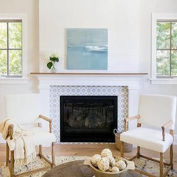 White Wooden Fireplace with White and Gray Cement Tiles - Transitional - Living Room Blue Fireplace Surround, Blue Fireplace, Shiplap Trim, Wood Mantle Fireplace, White Beadboard, Wooden Fireplace, Fireplace Tile Surround, Wood Fireplace Mantel, Shiplap Fireplace