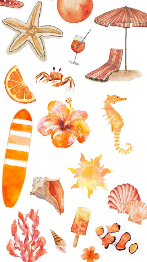 Orange beachy collage with watercolor theme sea life beach Beach Aesthetic Collage, Orange Water Color, Beachy Collage, Beautiful Outdoor Furniture, Beach Drawing, Iphone Wallpaper Vsco, Orange Water, Convention Gifts, Bedroom Wall Collage