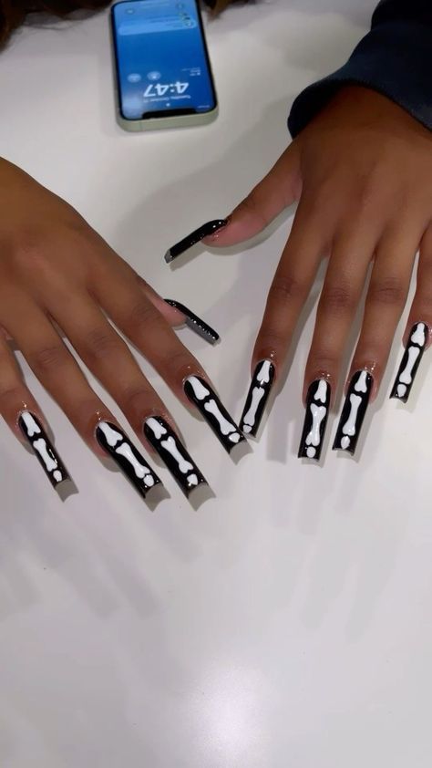 Bones Nails Acrylic, Bone Nails Acrylic, Black Skeleton Nails, October Appointments Available, Skeleton Nails Acrylic, Skeleton Bone Nails, Black And White Spooky Nails, Spooky Nails 2023, Medium Halloween Nails