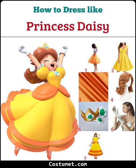 Princess Daisy (Super Mario) Costume for Cosplay & Halloween 2022 Daisy Mario Cart Halloween Costume, Daisy Mario Outfit, Princess Daisy Cosplay Diy, Princess Daisy Crown Diy, Daisy Outfit Mario, Diy Daisy Costume, Diy Daisy Costume Mario, Female Mario Costume, Mario Bounding