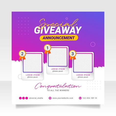 Giveaway winner announcement social media post banner template Winner Poster Design Ideas, Winners Poster Design, Announcement Social Media Post, Giveaway Winner Announcement, Graphic Design Banner, Graphic Design Freelance, Graphic Design Websites, Graphic Designing Services, Visual Graphic Design