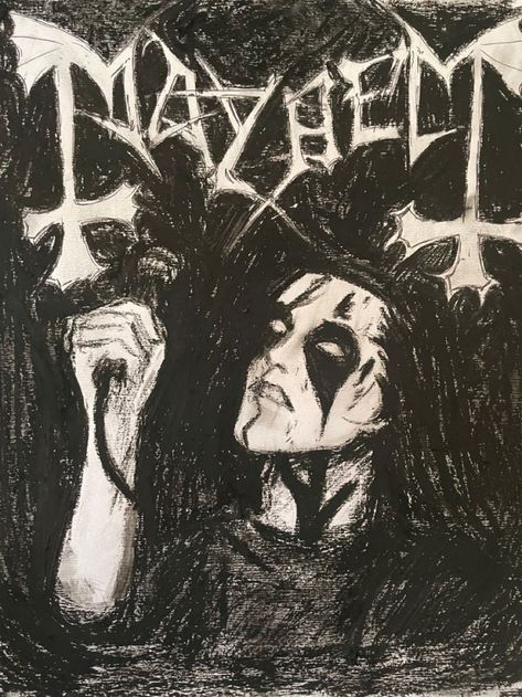 Metal Head Drawing, Pelle Ohlin Drawing, Black Metal Artwork, Black Metal Drawing, Metalhead Drawing, Metal Band Art, Black Metal Poster, Mayhem Fanart, Mayhem Poster