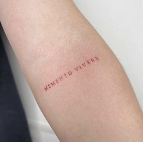 Tattoos In Foreign Languages, Minimalist Latin Tattoo, German Word Tattoo, Small Writing Tattoos For Women, Optimistic Tattoos, Words To Get Tattooed, Tattoos In Italian, Momento Vivere Tattoo, Little Arm Tattoos