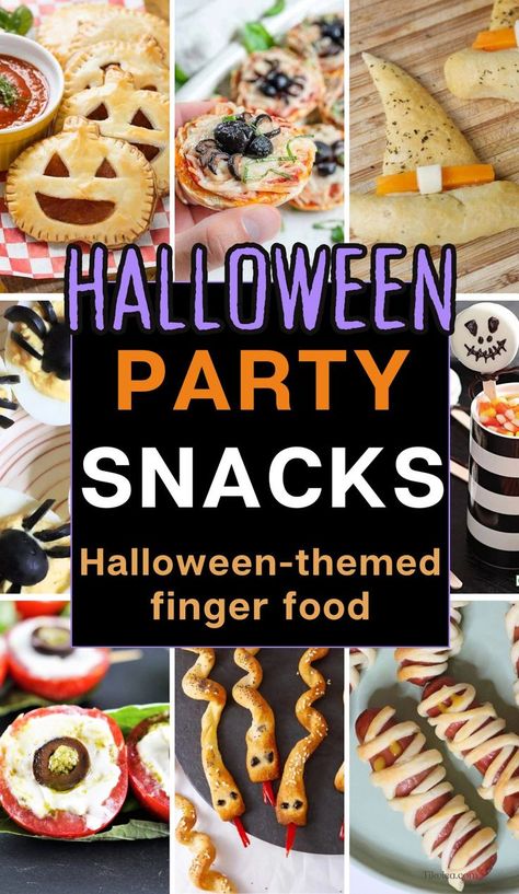 Halloween Party Snacks & Halloween Finger Foods Cute Halloween Finger Foods, Halloween Themed Party Snacks, Snack Display Ideas, Halloween Themed Finger Foods, Kids Halloween Party Food Fruit, Halloween Theme Finger Food, Easy Halloween Orderves, Halloween Party Recipes, Halloween Finger Food