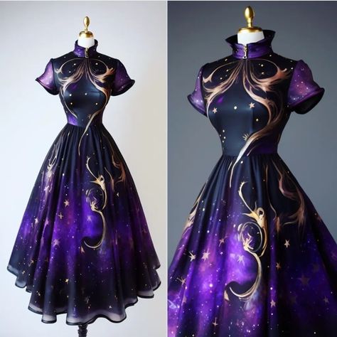 Celestial Dress, Galaxy Dress, Queen Dresses, Clothing Design Sketches, Fantasy Dresses, Dress Design Sketches, Fantasy Gowns, Figure Skating Dresses, Pretty Prom Dresses