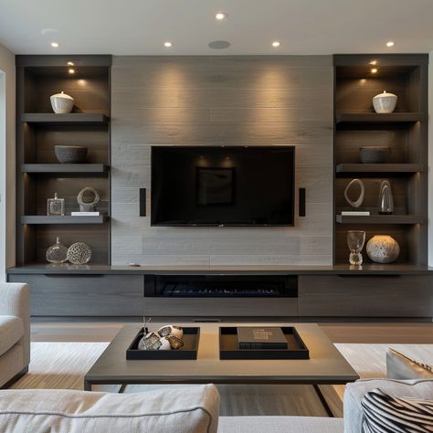 Built In Tv Wall Unit Apartment, Tv Area Design Modern, Tv Library Wall Modern, Textured Tv Wall Ideas, Tv Media Unit Ideas, Media Unit With Fireplace, Tv Wall Cabinets Living Room, Media Wall With Fireplace And Tv, Media Wall With Storage