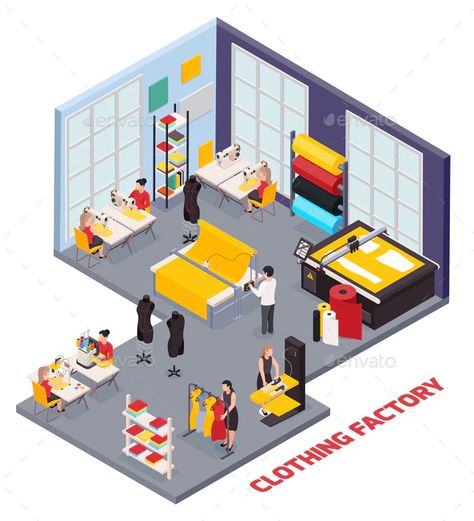 Sewing Room Interior Design, Sewing Room Ideas Layout, Seamstress Studio, Room Ideas Layout, Factory Layout, Fashion Business Plan, 3d Vector Illustration, Studio Floor Plans, Factory Interior