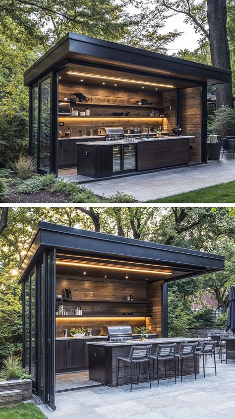 🔮 This sleek outdoor kitchen features a custom outdoor grill station, perfect for creating an elegant and functional modern outdoor space. Covered Bbq Area Ideas Outdoor Modern, Outdoor Grill Station Ideas, Built In Grill Patio, Bbq Shelter Ideas, Bbq Shelter, Bbq Station, Cottage Patio, Outdoor Kitchen Design Modern, Outside Kitchen