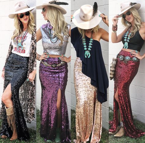 Sequence Western Outfits, Concert Sequin Outfit, Bedazzled Western Outfit, Formal Dress With Western Boots, Cowgirl Boots Over 50, Glitz And Glam Cowgirl, Women’s Rodeo Fashion, Cowgirl Glam Outfit Western Style, Texas Glam Outfit