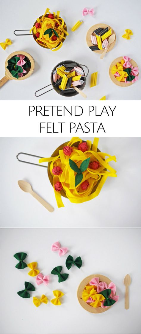 DIY Pretend Play Food: Felt and Paper Pasta and Spaghetti. Kitchen fun for kids! Felt Pasta, Play Food Diy, Diy Pretend Play, Diy Kids Kitchen, Carton Diy, Felt Food Diy, Felt Food Patterns, Pretend Kitchen, Baby Mobil