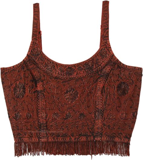 Dark Maroon soft short crop top with floral same color design, overall embroidery, and free-spirited tassels.  It comes in three sizes, and it further has flexible straps and the back has an elastic to fine-tune the fit. #tlb #Sleeveless #beachwrap #bohemianfashion #Handmade #BohemianTop Overall Embroidery, Bohemian Shorts, Flowy Crop Top, Beach Bohemian, Bohemian Top, Dark Maroon, Bohemian Skirt, Hippie Look, Bohemian Handmade