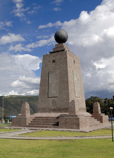 MITAD DEL MUNDO ECUADOR This stone monument was constructed between 1979 and 1982 to mark the “Middle of the World,” celebrating Ecuador's position on the Equator. It has since been discovered that the monument is 984 feet south of the actual equatorial line as determined by satellites—the monument's original position was the result of measurements taken during the 1736 French Geodesic Mission. Stone Monument, Ecuador Travel, South America Travel, Travel South, Quito, Amazing Architecture, Ecuador, South America, Monument