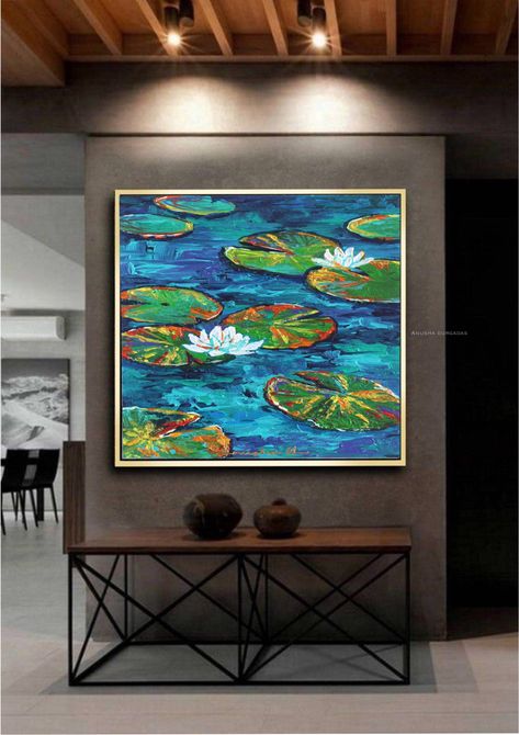 Lillies Painting, Monet Pond, Floral Art Acrylic, Water Lily Painting, Pond Reflection, Painting Monet, Abstract Living Room, Water Lilies Painting, Monet Water Lilies