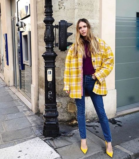 How to Make Any Coat Work Harder, in 20 Epic Outfits Epic Outfits, Pernille Teisbaek, Cool Coats, Yellow Coat, Check Coat, Work Harder, Plaid Coat, Coat Outfits, Yellow Sweater