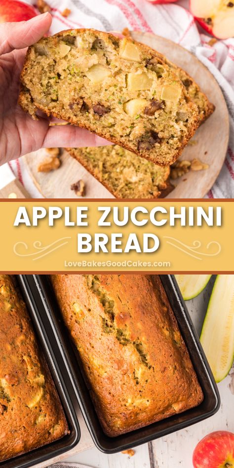 Apple Zucchini Bread pin collage Pear Zucchini Bread, Zucchini Apple Bread, Muffin Ideas, Apple Zucchini Bread, Apple Zucchini, Zucchini Desserts, Zucchini Recipes Dessert, Best Homemade Bread Recipe, Sweet Apples