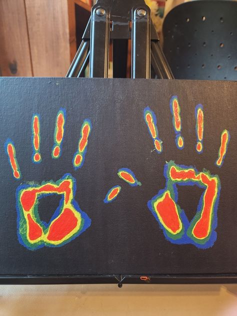 Heat Map Painting, Thermal Hands Art, Heat Temperature Body Drawing, Temperature Body Art, Ceiling Tile Art School, Ceiling Tile Painting Ideas School, Thermal Hand Print, Thermal Hand Art, Handprint Drawing