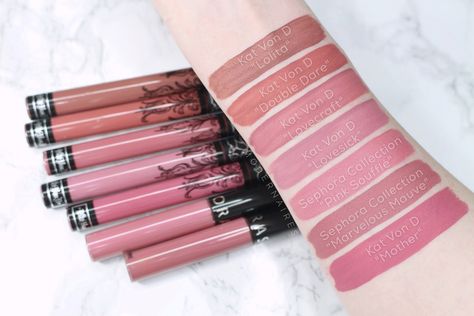 Swatches | KAT VON D Everlasting Liquid Lipstick Kat Von D Lipstick, Diy Mascara, Natural Makeup Tips, Best Natural Makeup, Double Dare, Homemade Lip Balm, Kat Von D Makeup, Lip Swatches, Lipstick Swatches