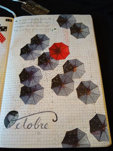 Bujo Umbrella Theme, Rain Journal Ideas, Bujo Rain Theme, Rain Bullet Journal Theme, Umbrella Bullet Journal, Rain Bullet Journal, Umbrella Doodle, October Journaling, Rain Journal