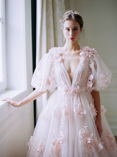 An ode to femininity: Bridal inspiration at Chateau de Varennes via Magnolia Rouge Peony Wedding Dress, France Wedding Dress, Blush Pink Wedding Gown, Floral Dress Wedding, Blush Wedding Dresses, Wedding Skirt, Pink Wedding Dress, Pink Wedding Dresses, Floral Wedding Dress