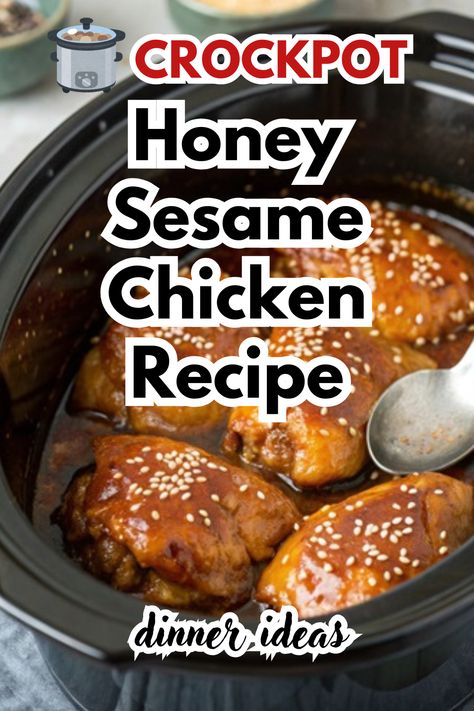 A bowl of Crockpot Honey Sesame Chicken served over a bed of fluffy white rice. The tender chicken pieces are coated in a glossy honey-sesame sauce, garnished with sesame seeds and fresh green onions. Chopsticks rest on the side, adding a touch of elegance, while a blurred bowl of rice and greenery appear in the background, enhancing the cozy, appetizing feel. Crockpot Chicken Tender Recipes Slow Cooker, Crockpot Honey Sesame Chicken, Spring Crockpot Meals, Chicken Tenders Crockpot Recipes, Family Meals Chicken, Crockpot Dinners Easy, Chicken Tenders Crockpot, Honey Chicken Crockpot, Crockpot Honey Garlic Chicken