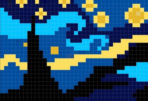 Van Gogh Pixel Art, Starry Night Pixel Art, Book Pixel Art, Pixel Art Facil, Starry Night Pattern, فنسنت فان جوخ, Pixel Quilting, Graph Crochet, Easy Pixel Art