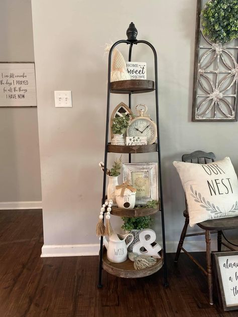 4 Tier Shelf, Shelf Decor Living Room, Tier Shelf, Bathroom Decor Ideas, Home Entrance Decor, Corner Shelf, Farmhouse Decor Living Room, Diy Farmhouse Decor, Entrance Decor