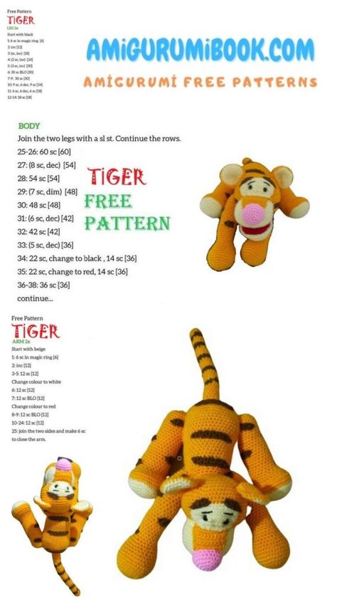 Winnie The Pooh Tiger Amigurumi Free Pattern - Amigurumibook.com Tiger Amigurumi Free Pattern, Disney Crochet Patterns, Amigurumi Today, Knitted Toys Free Patterns, Baby Bears, Crochet Toys Free, Crochet Teddy Bear Pattern, Crochet Disney, Pola Amigurumi