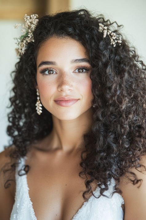 Redefine elegance with 66 curly down wedding hairstyles that are perfect for brides who want to stand out. These looks are polished, sophisticated, and oh-so-beautiful. No matter your hair type, there’s a style here that’s just right for you. Click to see the full list! #bridalstyle #curlyhairtrends #weddingglam Wedding Haïr Style For Curly Hair, Styling Curly Hair For Wedding, Natural Curly Bride Hair, Natural Curly Hair Half Up, Easy Curly Wedding Hairstyles, Engagement Curly Hairstyles, Curly Hair For Bride, Wedding Dress Curly Hair, Babies Breath Hairstyles