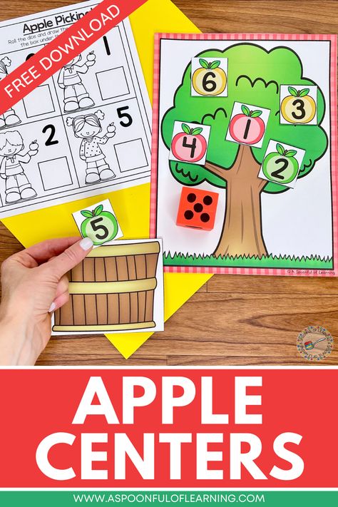 An apple tree mat being used for a center Apple Activities Kindergarten Free, Apple Inquiry Kindergarten, Apple Activities Kindergarten, Apple Centers, Apple Center, Centers First Grade, Apple Kindergarten, Centers For Kindergarten, September Activities