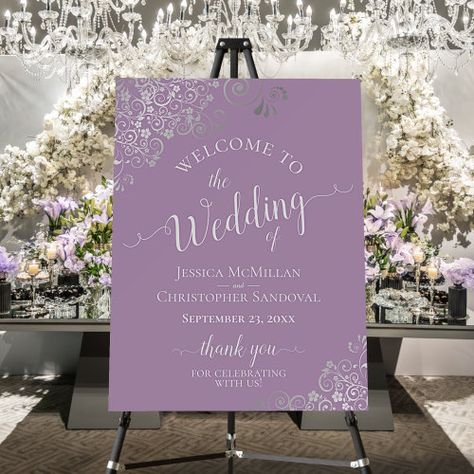 $43.20 | Silver Lace on Lavender Elegant Wedding Welcome #wedding welcome sign, thank you for celebrating, elegant script calligraphy, names of couple and date, stylish classy and sophisticated, silver faux foil lace frills, gray floral curls and swirls, fancy ornate filigree, decorative fancy corners, lavender lilac dusty purple background Plum Color Scheme, Plum Wedding Invitations, Calligraphy Names, Welcome Signage, Plum Wedding, Script Calligraphy, Silver Lace, Dusty Purple, Wedding Welcome Sign