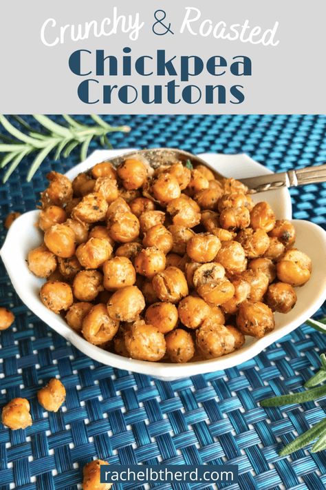 These crispy roasted chickpeas are crunchy, savory, and addictive. Serve them on top of salads or soups in place of croutons, or add them to any meal for crunch. They’re also a great healthy snack. #chickpeas #healthyrecipe #chickpeacroutons #proteinpacked #glutenfreerecipes #vegetarianrecipes #vegetarian #healthysnack Snack Chickpeas, Chickpea Croutons, Crispy Roasted Chickpeas, Chickpeas Benefits, Roasted Chickpea, Vegetarian Protein Sources, Crunchy Chickpeas, Trail Mix Recipes, Salad Toppers