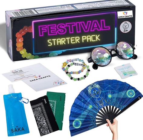 Festival Rave Accessories Essentials Kit - Rave Outfits for Women Men, Music Festival Rave Gift Ideas, Rave Essentials, Music Costume, Techno Festival, Rave Glasses, Accessories Essentials, Hydration Bottle, Festival Essentials, Craft Festival