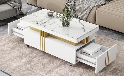 Amazon.com: PULLAFUN ON-Trend Contemporary Coffee Table with Faux Marble Top, Rectangle Cocktail Table with Caster Wheels, Moderate Luxury Center Table with Gold Metal Bars for Living Room, White : Home & Kitchen Best Whatsapp Dp Profile Pictures Quotes, Whatsapp Dp Profile Pictures, Coffee Table Tv Stand, Living Room Designs Modern, Faux Marble Coffee Table, Table Tv Stand, Modern Tables, Elegant Coffee Table, Marble Top Coffee Table