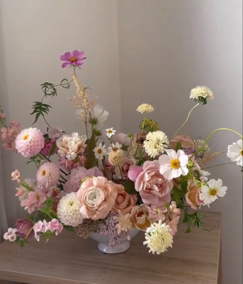 Love Shack Fancy Flowers, Soft Pink Flower Arrangements, Pink And White Flower Arrangements, Garden Wedding Color Palette, Pink Wildflower Bouquet, Cottagecore Flower Arrangement, Whimsy Floral Arrangement, Whimsical Flower Arrangements, Romantic Flower Arrangements