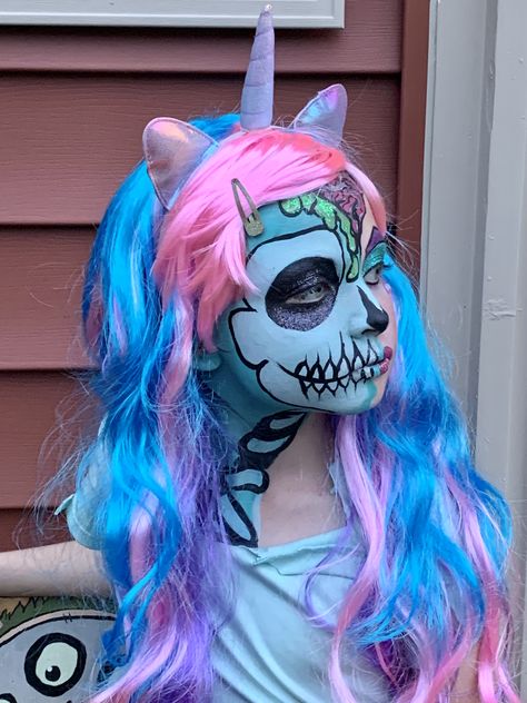 Unicorn Skeleton Makeup, Halloween Unicorn Face Paint, Zombie Unicorn Makeup, Kids Halloween Face Paint, Skeleton Face Painting, Skeleton Makeup Kids, Woodland Costume, Kids Halloween Face, Face Painting Halloween Kids