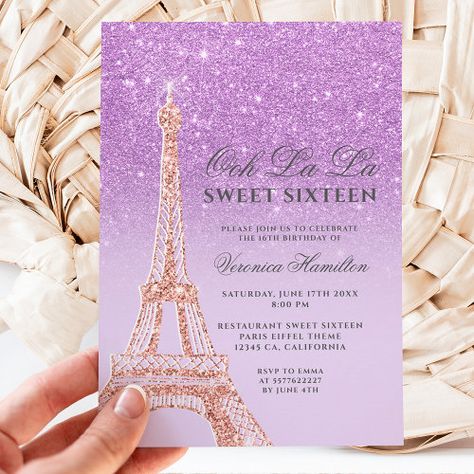 Eiffel Tower Purple Glitter Lavender Sweet 16 Invitation #zazzle #weddinginvitations #birthdayinvitations #babyshowerinvitations #zazzleinvitations #monogram #businesscards #graduation #homedecor Eiffel Tower Purple, Lavender Sweet 16, Paris Sweet 16, Pink Sweet 16, Rose Gold Invitations, 16th Birthday Invitations, French Paris, Sweet 16 Gifts, Sweet Sixteen Parties