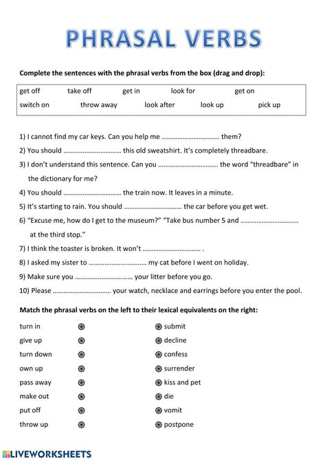 Phrasal Verbs English Worksheet, Verb Phrases Worksheet, Phrasal Verbs Worksheet With Answers, Phrasal Verbs Activities, Linking Verbs Anchor Chart, Phrasal Verbs Exercises, Phrasal Verbs Worksheet, Phrasal Verbs English, Verbs Anchor Chart