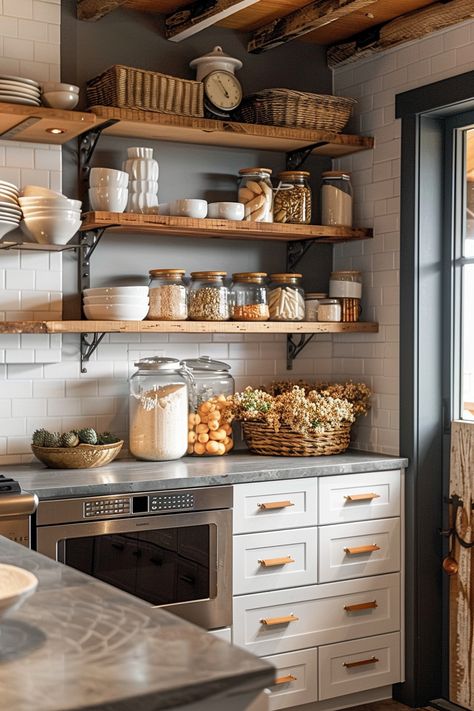 Elevate your farmhouse kitchen with 40 stylish floating shelves that combine functionality with rustic charm. #StylishShelves #FarmhouseKitchen #FloatingShelves Open Cubords Ideas Kitchen, Shelves In Kitchen Instead Of Cabinets, Shelves Above Stove, Open Cabinets In Kitchen, Farmhouse Kitchen Floating Shelves, Open Kitchen Shelves Styling, Kitchen With Floating Shelves, Open Shelves In Kitchen, Kitchen Shelves Ideas