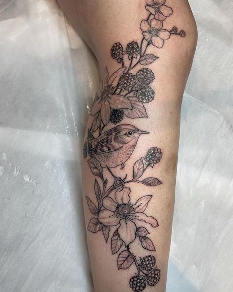 Harriet Hapgood. Botanical Tattoos. London UK on Instagram: "Swipe for before. Had a lovely day today :) Cover up for Ruthy today of an old tattoo that has been partially laser removed ❤️A wren with clematis and bramble 🌸 I also got to take some photos of her plant sleeve healed I’ll post soon.🍃🌿🌱" Bramble Tattoo, Clematis Tattoo, Wren Tattoo, Blackberry Tattoo, Feminine Arm Tattoos, Plant Sleeve, Calf Tattoos For Women, Botanical Tattoos, 2024 Tattoo