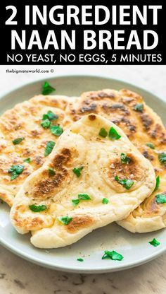 2 Ingredient Dough Naan Bread recipe- No yeast, no water, and no baking required! This perfect thick, fluffy and doughy naan bread takes 5 minutes to make! No dairy, vegan and gluten free. Two Ingredient Naan, Naan Bread Recipe No Yeast, Yogurt Naan, Naan Bread No Yeast, Naan Bread Recipe Easy, No Yeast, Bread No Yeast, Nana Bread, Easy Naan